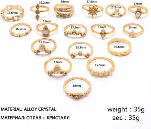 Vista 5 de Rrdaily Juego de 17 anillos apilables vintage para nudillos para mujer, delicados anillos de diamante para dedos, accesorios de joyería de verano