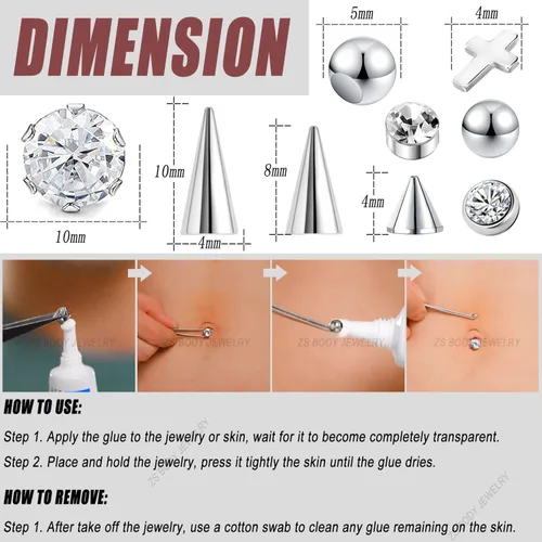Vista 2 de ZS 21 anillos de ombligo falsos de 0.315 pulgadas y 0.394 pulgadas de circonita cúbica con pegamento para pestañas, anillos falsos para cejas