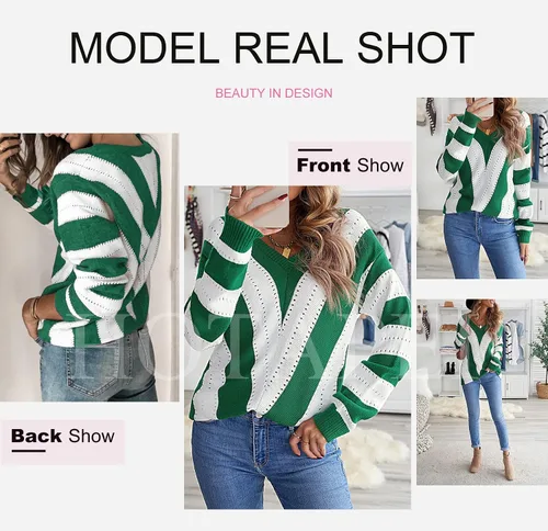 Vista 3 de EVALESS Suéteres para mujer, manga sexy, cuello en V profundo, casual, tejido a rayas