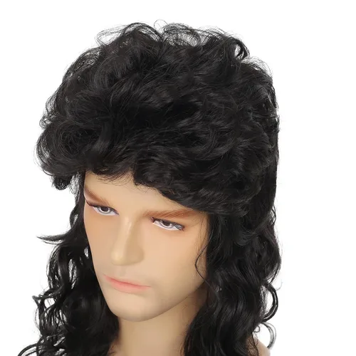 Vista 4 de Dai Cloud Pelucas de salmonete para hombres, peluca larga y rizada negra de los años 80, disfraz de fiesta de Halloween, peluca de pelo para hombre