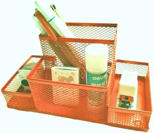 Vista 4 de Organizador de escritorio de malla metálica con 4 compartimentos NARANJA