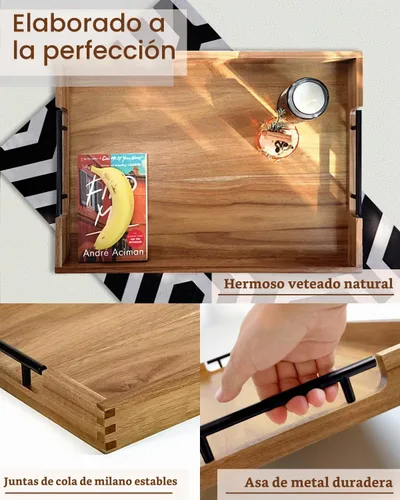 Vista 5 de Bandeja de madera de acacia de 22 pulgadas con asas de metal, bandeja otomana rectangular grande de madera, diseño decorativo y duradero para sala