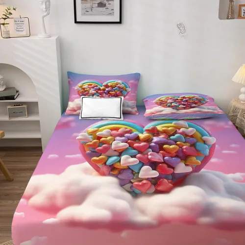 Vista 2 de Juego de sábanas de 3 piezas con diseño de corazón y nubes de arcoíris, tamaño individual, sábanas y fundas de almohada, sábana bajera ajustable