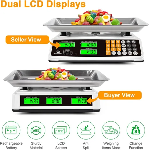 Vista 3 de Báscula de cálculo de precios 88lb/40kg Báscula comercial de alimentos para productos agrícolas y carne con plataforma grande de acero inoxidable