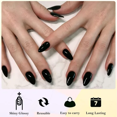 Vista 2 de AddFavor 360 uñas postizas cortas a presión de almendra, uñas postizas cortas negras de almendra, uñas postizas acrílicas a presión con pestañas