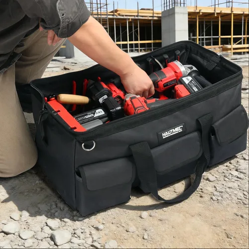 Vista 6 de HAUTMEC HT0184 - Bolsa de herramientas resistente de 24 pulgadas, bolsa de boca ancha de 21 bolsillos con marco de metal, base dura impermeable