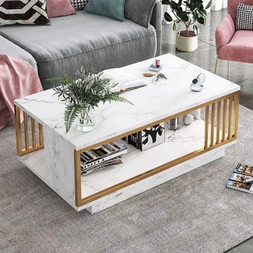 Vista 4 de Gdrasuya10 Mesa de centro moderna de mármol sintético blanco, mesa de centro de madera de 2 niveles con marco dorado, mesa central de TV, mesa