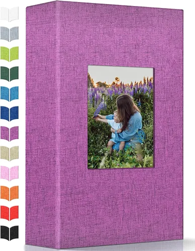 Vista 48 de Álbum de fotos Artfeel 4x6 con 100 bolsillos, álbumes de fotos deslizables, libro de memorias con cubierta de lino y ventana frontal, libro de fotos