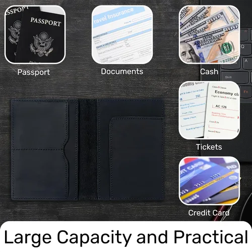 Vista 5 de HIFA Funda de cuero para pasaporte, funda para pasaporte hecha a mano con ranura para tarjetas y boletos, piel auténtica, diseño elegante, fácil