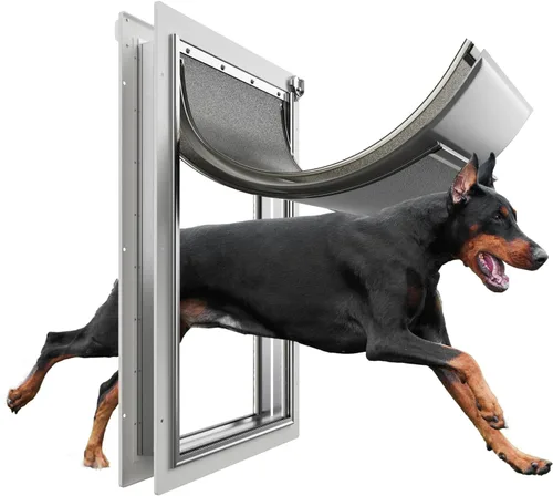 Vista 8 de Puerta grande para perro para puerta exterior, puerta de perro para puerta, puerta de perro con marco de aluminio, 3 solapas, panel de cierre