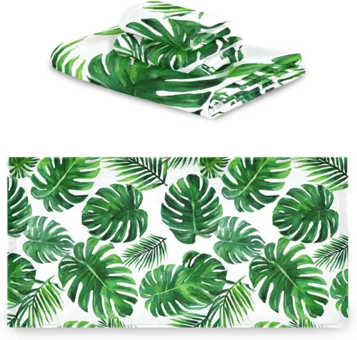 Vista 2 de Vdsrup Juego de 3 toallas de baño de verano con hojas de palma tropical, toallas de mano de hojas de selva tropical, toalla suave y fina