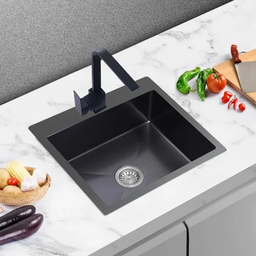 Vista 9 de Fregadero de cocina negro de acero inoxidable de 18 x 18 pulgadas, montaje superior, fregadero de cocina y bar, juego de fregadero de un solo tazón