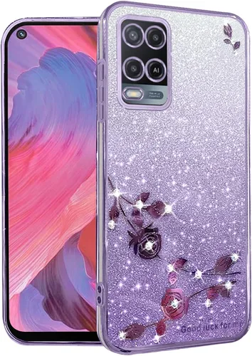 Vista 9 de Kainevy - Funda de teléfono para Oppo A54 4G, funda transparente con purpurina rosa floral para mujeres y niñas, bonita funda para teléfono Oppo