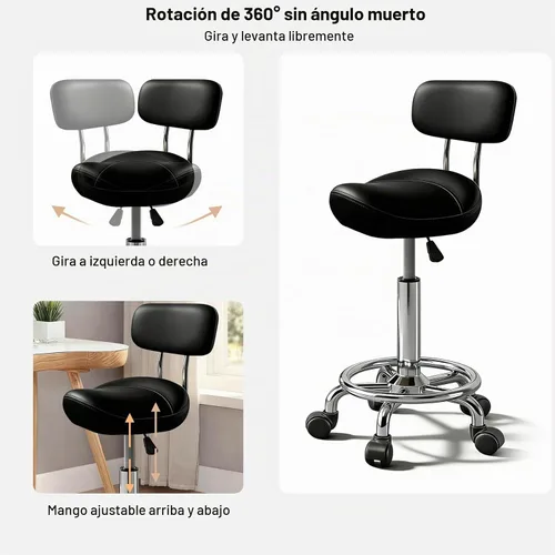 Vista 3 de Taburete con pedal de anillo y respaldo, silla hidráulica ajustable con ruedas para uso médico, masaje, salón, spa, cocina y dibujo
