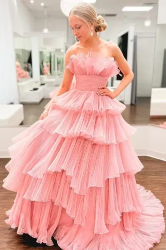 Vista 4 de TIRAS Vestidos de fiesta sin tirantes con volantes largos y escalonados de tul vestido de baile de princesa formal vestidos de noche para mujeres
