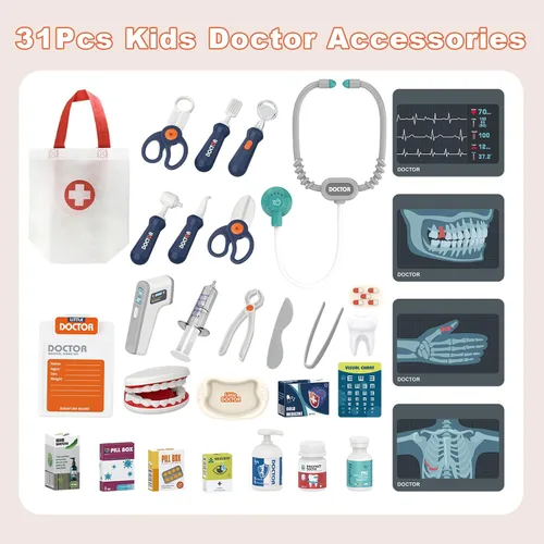 Vista 7 de RedCrab Kit de Doctor para Niños, Juego de Doctores para Niños de 32 Piezas con Carrito Médico, Estetoscopio, Termómetro y Jeringa, Juguete de Juego