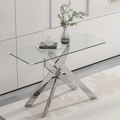 Vista 8 de Mesa de centro rectangular moderna de cristal, mesa central de vidrio templado y patas de metal chapado en oro para sala de estar, oficina en casa