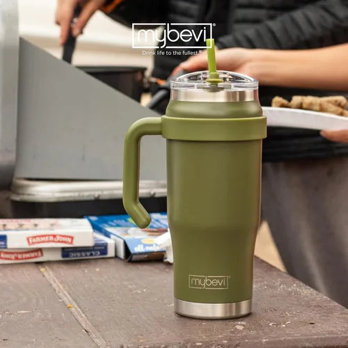 Vista 7 de MyBevi Outlander - Taza de viaje de acero inoxidable de alta calidad, para frío/calor, aislamiento de 3 capas, mango resistente, duradera y elegante
