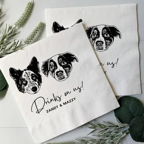 Vista 2 de Servilletas de boda con ilustraciones de perros de lujo, servilletas de boda personalizadas, servilleta de bar de cóctel para recepción, despedida