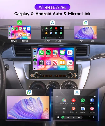 Vista 2 de 4G+64G Rimoody Android 15 Car Stereo Single DIN Wireless CarPlay, 7 pulgadas IPS pantalla táctil radio para coche y Android Auto GPS WiFi Bluetooth