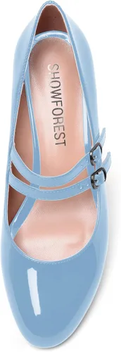 Vista 3 de SHOWFOREST Zapatos de tacón bajo con hebilla de punta redonda para mujer, con correa ajustable y correa ajustable, 2 pulgadas
