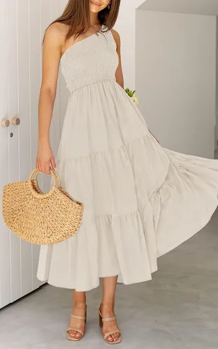 Vista 3 de ZESICA - Vestido largo de verano bohemio con estampado floral de un hombro sin mangas fruncido con volantes y volantes para la playa