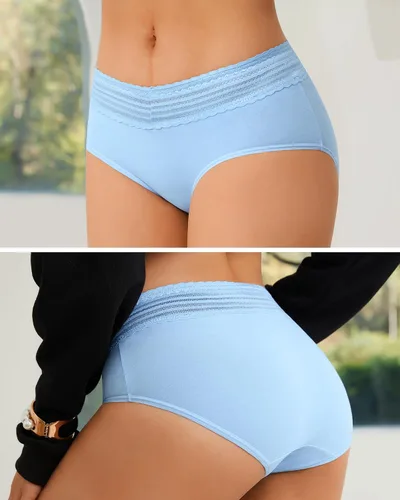 Vista 4 de OLIKEME Ropa interior de algodón para mujer, de cintura media alta, con banda de encaje, no se ve, transpirables, hipster, paquete de 6