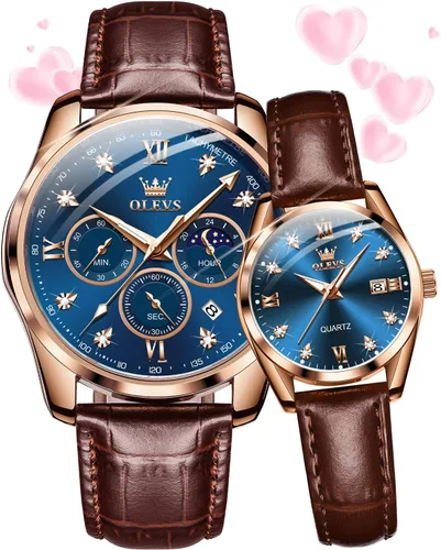 Vista 11 de OLEVS Juego de 2 relojes de cuarzo para parejas de San Valentín, para él y ella, cronógrafo de cuero, con diamantes para hombres, mujeres, amantes