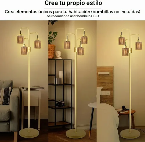 Vista 6 de Lámpara de pie industrial BoostArea para sala de estar, lámpara de pie moderna dorada con 3 luces, lámpara de pie para pararse con diseño simple