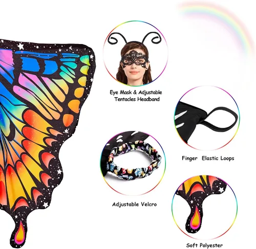 Vista 4 de Tibeha ButterflyWingsforWomen Kids - Double-SidedPrintingCostumeHalloweenGirls CapewithMaskandAntennaHeadband