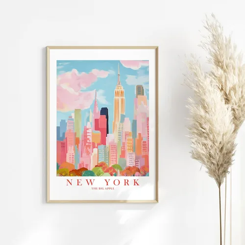 Vista 4 de ColorAndFlair Póster retro de viaje de Nueva York con diseño de horizonte rojo, rosa y naranja, póster retro de recuerdo de la gran manzana, pintura