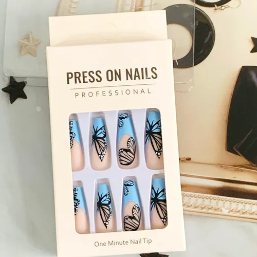 Vista 6 de Uñas postizas a presión con forma de ataúd súper largas, 24 uñas postizas reutilizables de cobertura completa con pestañas adhesivas, uñas postizas