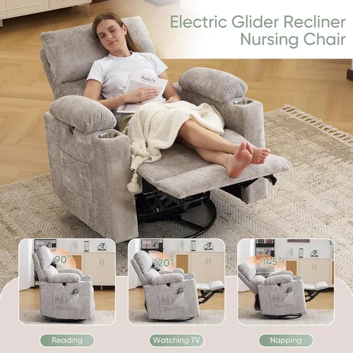 Vista 5 de Glider - Silla reclinable para guardería con reposabrazos ajustables, mecedora con masaje y calor, mecedora giratoria con reposacabezas ajustable