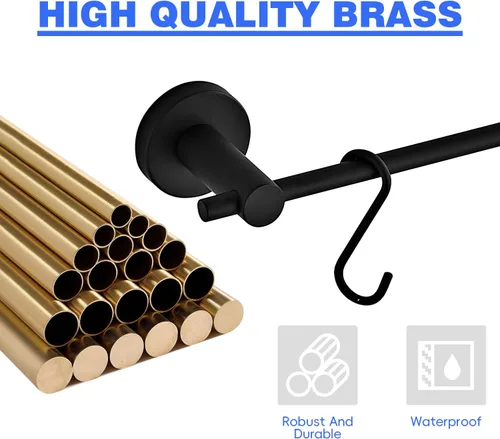 Vista 3 de Toallero de 21.6 pulgadas con 5 ganchos en forma de S, toallero de acero inoxidable negro para baño y baño, montado en la pared, para ollas