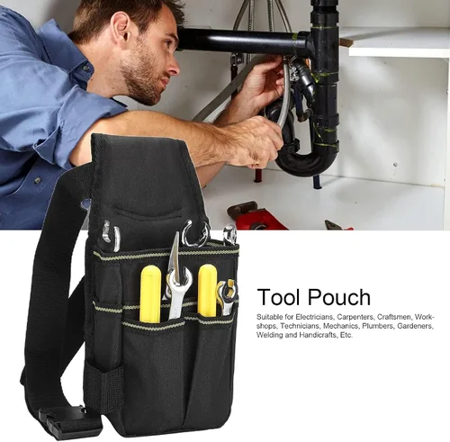 Vista 3 de Cyrank Bolsa de herramientas de tela Oxford, mini organizador con clip para cinturón, bolsa multifuncional portátil para cinturón para electricista