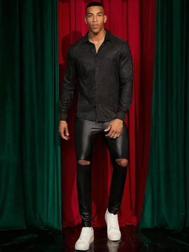 Vista 5 de WDIRARA Camisa de manga larga con botones de purpurina transparente para hombre