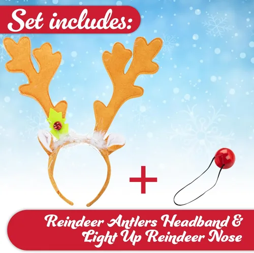 Vista 2 de Christmas Holiday Reindeer Antlers Headband w Light Up Nose Costume Deer Rudolph Outfit for Adult Men Women, Kids Party Favor