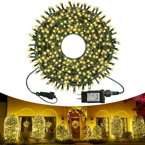 Vista 10 de kemooie 300 luces LED verdes de Navidad, 99 pies, 8 modos de parpadeo, enchufables, tira de luces de alambre verde, luces de Navidad impermeables