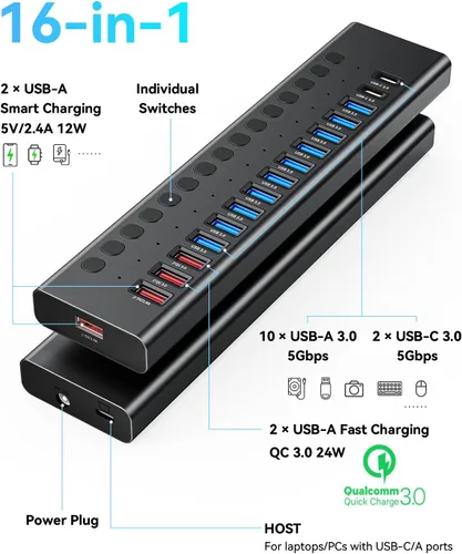Vista 2 de Hub USB 3.0 alimentado, Splitter de Hub USB de 16 puertos (10 USB-A 3.0+2 QC 24W de carga rápida+2 de carga inteligente+2 puertos USB-C 3.0)