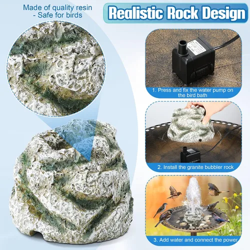 Vista 4 de Fuente de baño para pájaros, fuentes de agua de baño de pájaros con bomba de agua de 7 W, fuente de agua de granito de resina de musgo gris, cascada