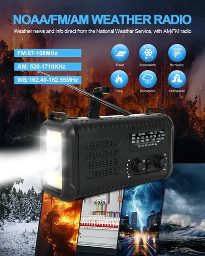Vista 8 de Radio de emergencia de manivela, radio meteorológica de manivela solar de 20000 mAh / 74000 mWh con NOAA/AM/FM, radio alimentada por batería