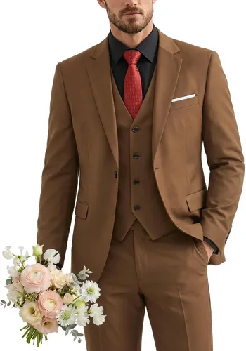 Vista 26 de Traje de 3 piezas para hombre con corbata, chaleco sólido de un botón y beige (529-beige)
