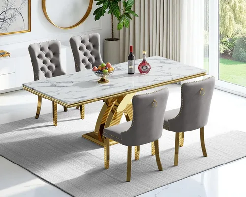 Vista 32 de Juego de 4 mesas de comedor blancas y doradas, mesa de cocina rectangular de 68 pulgadas con parte superior de mármol sintético blanco, mesa de Mesa
