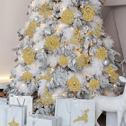 Vista 9 de Adorno de copo de nieve dorado para decoración de árbol de Navidad, 42 piezas de plástico con purpurina dorada, calcetín de copos de nieve dorados