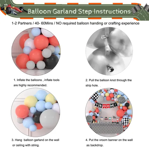 Vista 4 de Kit de arco de guirnalda de globos de carrera, color pastel, coral, gris, amarillo, azul bebé, negro, blanco, globos con globos de aluminio a