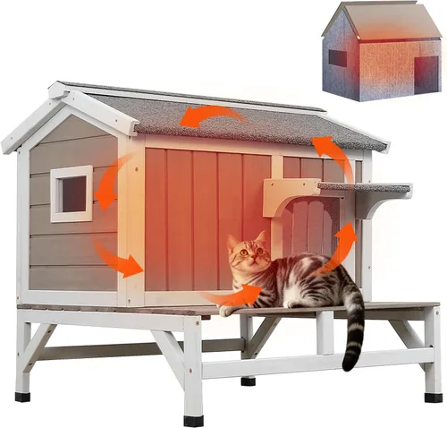 Vista 14 de PetsCosset Casa Aislada para Gatos de Exterior Resistente a la Intemperie con Aislamiento Integral de Dos Pisos de Madera Refugio para Gatos Ferales