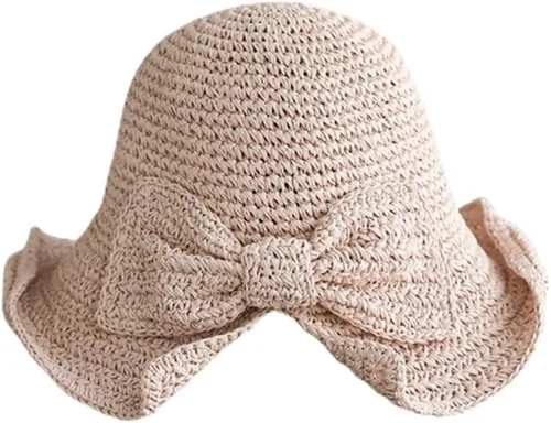 Vista 7 de Sombrero de playa plegable de ala ancha con paja, gorra de cubo de verano con lazo para mujeres y niñas Beige