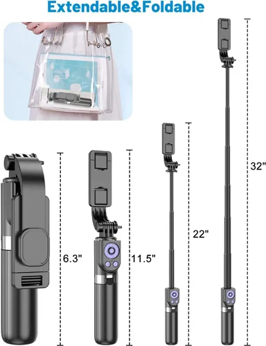 Vista 5 de Yeaki Trípode selfie stick con control remoto inalámbrico desmontable, trípode extensible de 32 pulgadas para iPhone compatible con Android, soporte