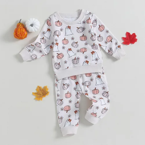 Vista 23 de YINGISFITM Conjunto de camisa de calabaza de Halloween para bebé, niña, niño, sudadera y pantalones para otoño e invierno