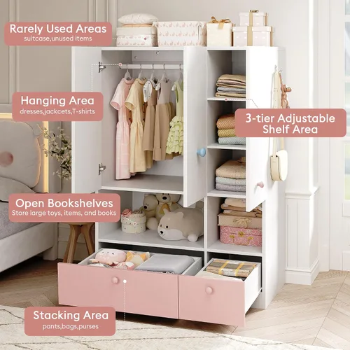 Vista 5 de Armario blanco con barra para colgar, armario independiente de madera de 3 puertas para dormitorio y dormitorio, armarios de dormitorio